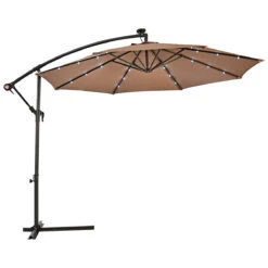 Parasol 3 M Déporté Excentré Avec 24 Led Lampe Solaire Fait En Polyester Imperméable Hauteur 245cm 8 Baleines En Fer Marron 20_0000066